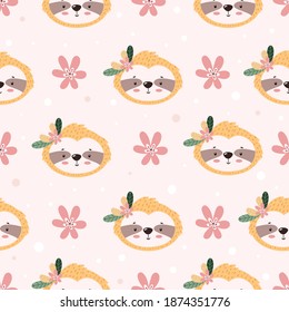 Seamless pattern with cute adorable Hand drawn Sloth and flowers. Kids, baby vector illustration. Creative wild animal childish pattern for fabrics, textile, wrapping, background. 
