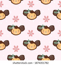 Seamless pattern with cute adorable Hand drawn Monkey and flowers. Kids, baby vector illustration. Creative wild animal childish pattern for fabrics, textile, wrapping, background. 

