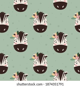 Seamless pattern with cute adorable Hand drawn Zebra and flowers. Kids, baby vector illustration. Creative wild animal childish pattern for fabrics, textile, wrapping, background. 
