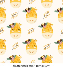 Seamless pattern with cute adorable Hand drawn Giraffe and flowers. Kids, baby vector illustration. Creative wild animal childish pattern for fabrics, textile, wrapping, background. 
