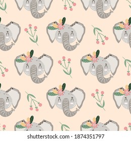 Seamless pattern with cute adorable Hand drawn Elephant and flowers. Kids, baby vector illustration. Creative wild animal childish pattern for fabrics, textile, wrapping, background. 
