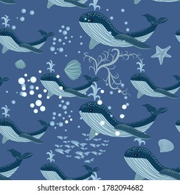 Seamless Pattern cute adorable ocean blue whale, fish, sea anchor, seaweed, wave, pastel colorful background illustration, hand draw doodle cartoon