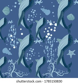 Seamless Pattern cute adorable ocean blue whale, fish, sea anchor, seaweed, wave, pastel colorful background illustration, hand draw doodle cartoon