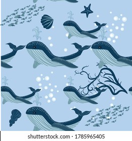 Seamless Pattern cute adorable ocean blue whale, fish, sea anchor, seaweed, wave, pastel colorful background illustration, hand draw doodle cartoon