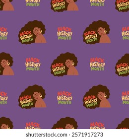 Seamless pattern with Cute African American woman with long hair and lettering  on purple background. Black History Month. Vector illustration. Annual holiday in February in USA, Canada October in UK