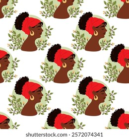 Seamless pattern with Cute African American woman in profile with leaves on white background. Vector flat illustration. Black History Month. Annual holiday in February in USA, Canada October in UK