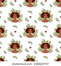 Seamless pattern with Cute African American woman with leaves on white background. Vector illustration in flat style