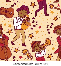 seamless pattern with cute african american musicians in 1920's style, jazz or blues music band, vector illustration