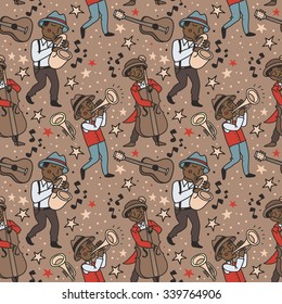 seamless pattern with cute african american musicians in 1920's style, jazz or blues music band, vector illustration