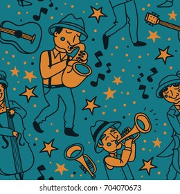seamless pattern with cute african american musicians in retro style, jazz or blues music band, blue and yellow colors, vector illustration