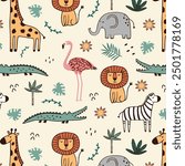 Seamless pattern with cute african animals. Tiger, leon, giraffe, zebra and crocodile. Vector illustration in flat style. Can be used for for nursery posters, patterns, wallpapers.