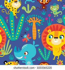 Seamless pattern with cute African animals on a blue background. 