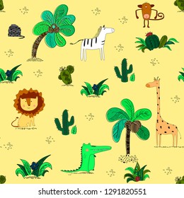 Seamless pattern with cute african animals and tropical plants.