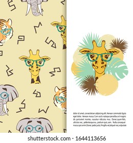 Seamless pattern with cute african animals: giraffe, elephant, tiger. T-shirt design, wallpaper, textile, fabric.