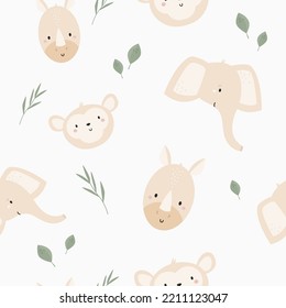Seamless pattern with cute african animals rhino, elephant and monkey. Cute design with animal faces for cloth prints, wallpaper, wrapping paper