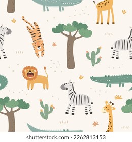 Seamless pattern with cute african animals. Tiger, leon, giraffe, zebra and crocodile. Vector illustration in flat style. Can be used for for nursery posters, patterns, wallpapers.