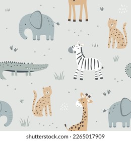 Seamless pattern with cute african animals. Elephant, leopard, giraffe, zebra and crocodile. Vector illustration in flat style. Can be used for for nursery posters, patterns, wallpapers.