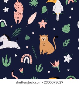 Seamless pattern with cute african animals in the garden - zebra, monkey, cheetah. Design for clothing, kids prints, wrapping paper, print fabric, room decor, cute gifts