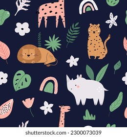 Seamless pattern with cute african animals in the garden - lion, cheetah, rhino, ostrich. Design for clothing, kids prints, wrapping paper, print fabric, room decor, cute gifts