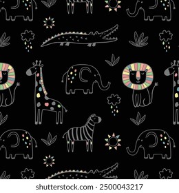 Seamless pattern with cute african animals. Tiger, leon, giraffe, zebra and crocodile. Vector illustration in flat style. Can be used for for nursery posters, patterns, wallpapers.