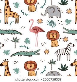 Seamless pattern with cute african animals. Tiger, leon, giraffe, zebra and crocodile. Vector illustration in flat style. Can be used for for nursery posters, patterns, wallpapers.