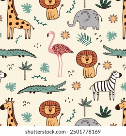 Nahtloses Muster mit süßen afrikanischen Tieren. Tiger, Leon, Giraffe, Zebra und Krokodil. Vektorgrafik im flachen Stil. Kann für Plakate, Muster, Hintergrundbilder verwendet werden.