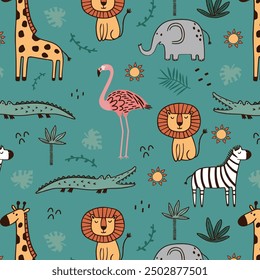 Seamless pattern with cute african animals. Tiger, leon, giraffe, zebra and crocodile. Vector illustration in flat style. Can be used for for nursery posters, patterns, wallpapers.