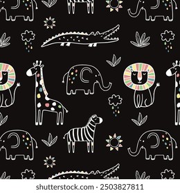 Seamless pattern with cute african animals. Tiger, leon, giraffe, zebra and crocodile. Vector illustration in flat style. Can be used for for nursery posters, patterns, wallpapers.