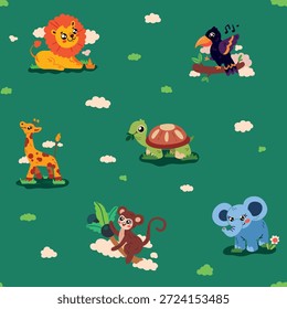 Patrón inconsútil de animales africanos lindos, león del bebé, jirafa feliz, elefante, mono divertido, pájaro que canta en un fondo verde. Impresión de la superficie de los niños de animales de dibujos animados dibujados a mano. Ilustración vectorial.