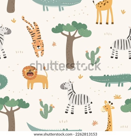Seamless pattern with cute african animals. Tiger, leon, giraffe, zebra and crocodile. Vector illustration in flat style. Can be used for for nursery posters, patterns, wallpapers.