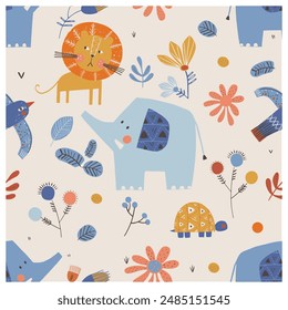 Seamless pattern with cute African animals:Elephant, lion ,turtle. Hand drawn vector illustration