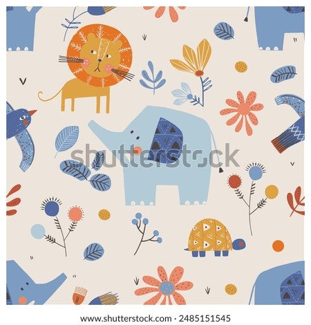 Seamless pattern with cute African animals:Elephant, lion ,turtle. Hand drawn vector illustration