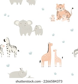 Seamless pattern with cute african baby animals and their mothers on white background. Creative kids, childish background with safari motives. Good for textile, fabric, clothing, wrapping paper.