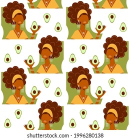 Seamless pattern with cute african girls with avocado. Vector wallpaper with abstract african woman and tropical fruits.