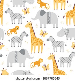 Seamless pattern with cute african zoo animals. Flat and simple design style for baby, children wallpaper, background, fabric illustration.