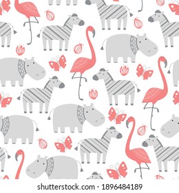 Seamless pattern with cute african zoo animals. Flat and simple design style for baby, children wallpaper, background, fabric illustration.