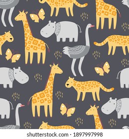 Seamless pattern with cute african zoo animals. Flat and simple design style for baby, children wallpaper, background, fabric illustration.