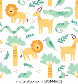 Seamless pattern with cute African zoo animals. Flat and simple design style for baby or child's wallpaper, background, fabric illustration.