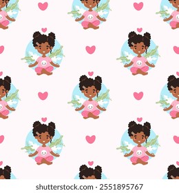 Seamless pattern with cute afro american girl child meditating sitting in lotus pose with leaves on white background with pink hearts. Vector illustration in flat style. Kids collection