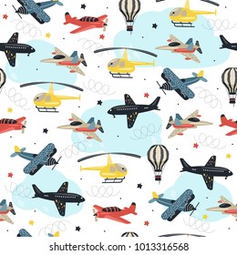 Seamless pattern with cute air transport for children and other design