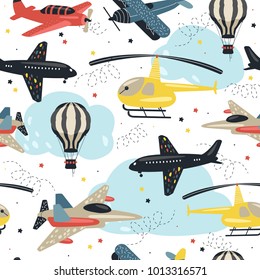 Seamless pattern with cute air transport for children and other design