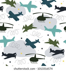 Seamless pattern with cute air transport for children and other design