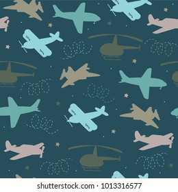 Seamless pattern with cute air transport for children and other design