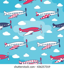 Seamless pattern from cute aircraft funny color. Vector illustration drawn by hand in cartoon style.