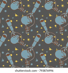 Seamless pattern with cute alien looking into scope to the stars