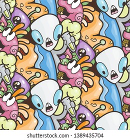 Seamless pattern with cute aliens and monsters. Nice for prints, cards, designs and coloring books. Vector illustration