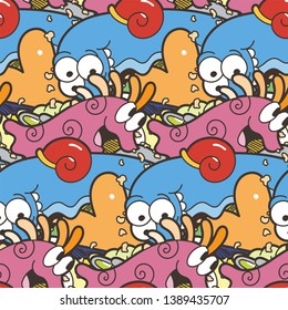 Seamless pattern with cute aliens and monsters. Nice for prints, cards, designs and coloring books. Vector illustration
