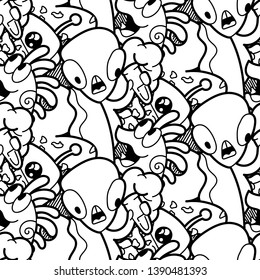 Seamless pattern with cute aliens and monsters. Nice for prints, cards, designs and coloring books. Vector illustration
