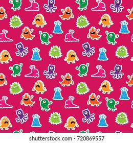 Seamless pattern with a cute aliens on a pink background