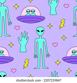 Seamless pattern with cute aliens and ufo ships, stars, hearts and hand. Vector background